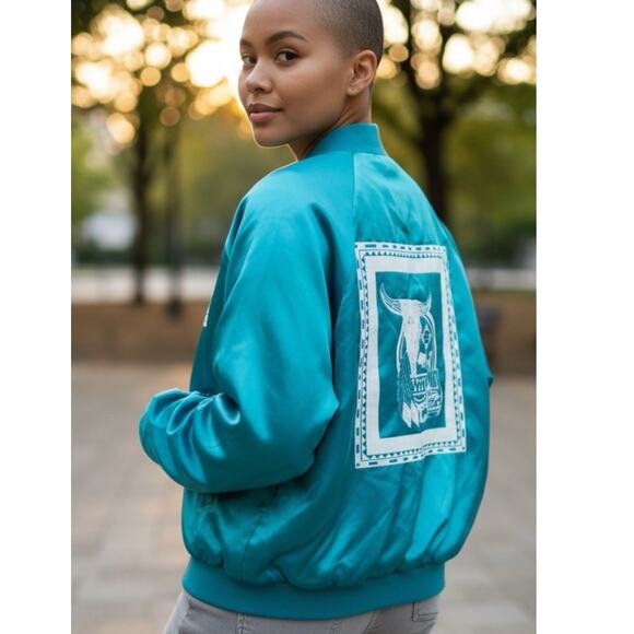 Vintage Turquoise Satin Jacket West Ark Southwestern Native Bar Lights Prod READ - Picture 1 of 14